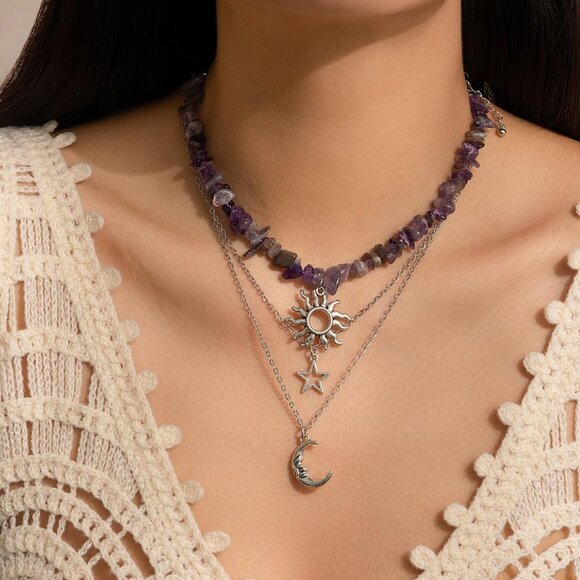 Adjustable Silver Layered Gothic Necklace with Sun and Moon - Perfect for Gifts - Picture 2 of 4